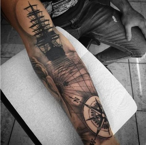 Star Tattoo Sleeve, Nautical Themed Tattoos, Nautical Star Tattoo, Sea Tattoo Sleeve, Ship Tattoo Sleeves, Nautical Sleeve, Nautical Tattoos, Nautical Star Tattoos, Nautical Tattoo Sleeve