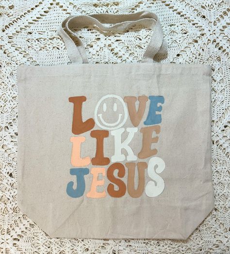 Hand painted large tote bag Christmas Tote Bag Painting Ideas, Christian Tote Bags Paint, Jesus Tote Bag Painting Ideas, Christian Tote Bag Design Diy Paint, Tote Bag Painting Ideas Christian, Tote Bag Ideas Design, Bible Bags Totes Diy, Tote Painting Ideas, Paint Tote Bag Ideas