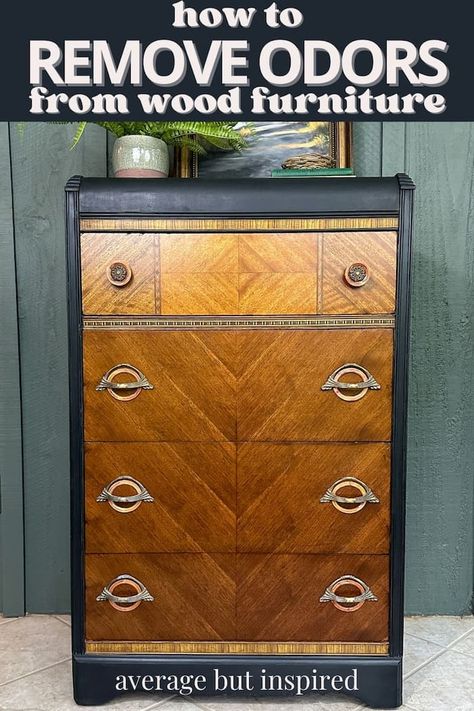 Refinished antique waterfall dresser in a post about removing odor from wood furniture. Cleaning Wood Furniture, Diy Swag, Homemade Chalk, Furniture Painting Tips, Cleaning Wood, Gel Stain, Fireplace Makeover, Furniture Painting, Winter Home Decor