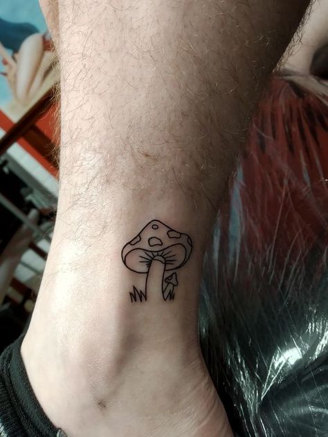 Simple Mushroom Tattoo. Small Red Mushroom Tattoo, Toadstool Tattoo Simple, Small Simple Mushroom Tattoo, Small Shroom Tattoo, Fineline Mushroom Tattoo, Mushroom Tattoo Ideas Simple, Mushroom Line Tattoo, Mushroom Finger Tattoo, Small Tattoos Mushroom