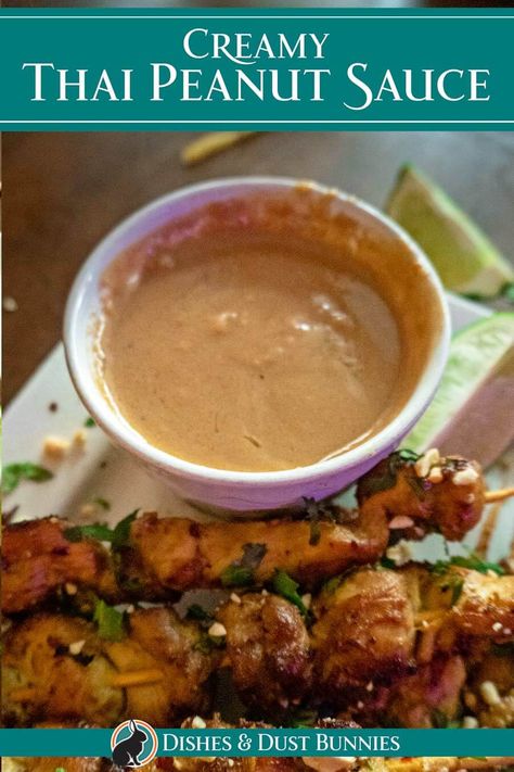 Give your meals an extra kick of flavor with this easy-to-make Thai Creamy Peanut Sauce! It's perfect for dipping, drizzling, or marinating – making it a must-have for anyone who loves adding some extra excitement to their favorite dishes. Plus, its creamy texture and delicious taste make it an unforgettable addition! Salsa For Chicken, Chicken Satay Skewers, Thai Peanut Sauce, Dust Bunnies, Thai Peanut, Asian Sauce, Creamy Dip, Fruit Salsa, Chicken Satay