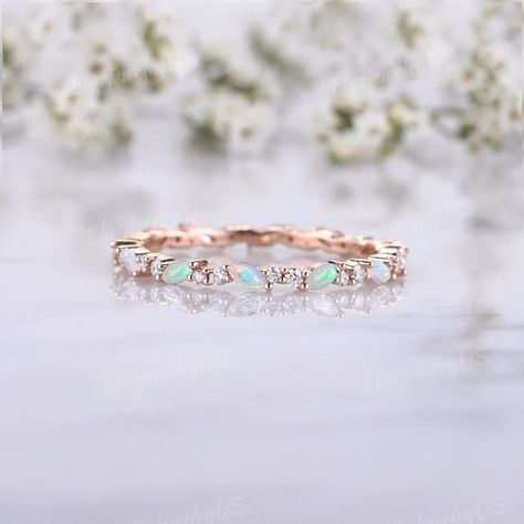 Marquise Cut Opal Wedding Band Rose Gold Wedding Band Women | Etsy Turquoise Opal Ring For Anniversary, Fine Jewelry Style, Pearl Wedding Bands, Moonstone Engagement Ring Set, Gold Wedding Bands Women, Opal Wedding Band, Agate Wedding, Wedding Ring Styles, Diamond Stacks, Platinum Wedding Band