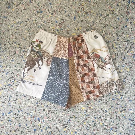 Handmade Patchwork Shorts 

One of a kind 
Designed... - Depop Patchwork Shorts Diy, Sewing Patchwork Clothes, Quilted Shorts, Cowboy Print, Sewing Challenge, Thrift Flips, Hyper Fixation, Patchwork Clothes, Patchwork Shorts