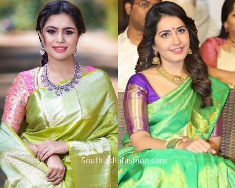 How to Wear Different Color Sarees With Contrast Blouses! Green Colour Saree Contrast Blouse, Light Green Saree Blouse Combination, Light Green Saree With Contrast Blouse, Green Saree Contrast Blouse, Light Green Saree, Contrast Saree, Saree Contrast Blouse, Saree Combination, Saree Orange