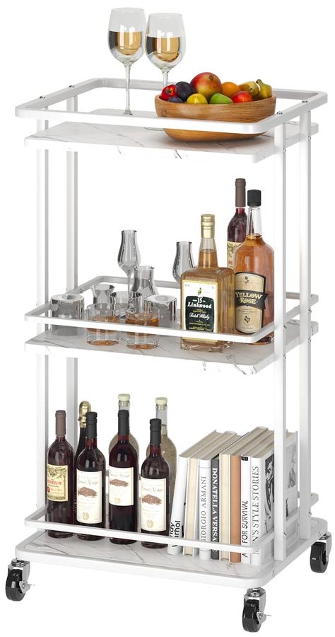 PRICES MAY VARY. 【Ample Bar Storage Cart】3 shelves provide plenty of room to store all of your bar essentials. Great for shakers, ice buckets, shot glasses, liquor, and more; The rolling caster wheels make it easy to move it where your party needs it, or park it next to your sofa to serve coffee after the party. Sturdy & Durable Material 】Made of premium carbon steel and 0.7 inches thick wood shelves, this kitchen serving cart has great sturdiness, long service time and a total load capacity of Living Room Bar Cart, White Bar Cart, Bar Cart Wood, Bar Cart White, Metal Kitchen Island, Wine Cart, Kitchen Island Storage, Island Storage, Wood Bar Cart