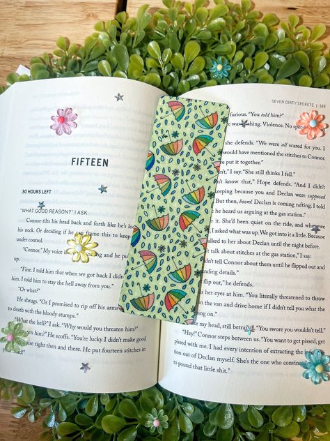 Umbrella and Rain Bookmark | Cute Bookmarks | No Slide Bookmark | Original Designs | Bookish | Rainy Day Bookmark | Read Books by sharpthoughtlings on Etsy Cottagecore Bookmark, Umbrella And Rain, Pattern Bookmark, Mushroom Pattern, Cute Bookmarks, Paint Swatches, Bookmarks Handmade, Printable Vinyl, Any Book