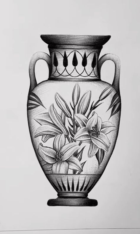 Greek Vase Drawing, Greek Vase Tattoo, Vase Tattoo Design, Greek Pots, Flower Vase Drawing, Vase Drawing, Vase Tattoo, Ancient Vase, Thistle Tattoo