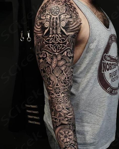 Nordic mythology is popular for literature, film, and body art; from Yggdrasil, Fenrir, and Thor, Nordic tattoo resonates for many people. Viking Tattoo Sleeve Norse Mythology, Nordic Mythology Tattoo, Arm Tattoos Ideas, Nordic Tattoo Ideas, Viking Sleeve, America Tattoo, Thor Tattoo, Fenrir Tattoo, Norse Mythology Tattoo