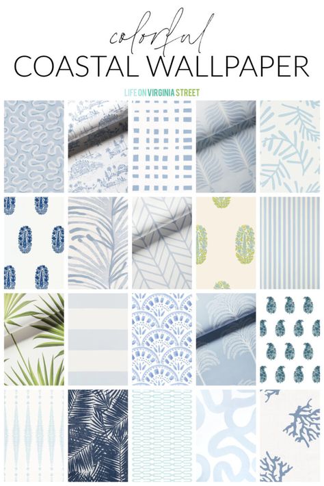 Beach House Wallpaper Floral, Coastal Wallpaper Accent Wall Bedroom, Guest Bath Wallpaper Ideas, Low Country Wallpaper, Beach House Wallpaper Ideas, Light Blue Coastal Wallpaper, Blue Laundry Room Wallpaper, Small Bathroom Wallpaper Ideas Coastal, Half Bath Wallpaper Coastal