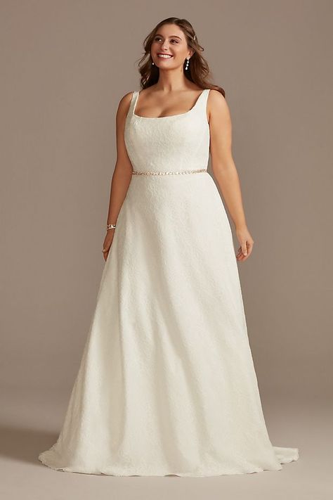 Lace A-Line Square Neck Plus Size Wedding Dress | David's Bridal Square Neck Wedding Dress, Plus Wedding Dresses, Wedding Dress Style, Plus Size Wedding Dress, Plus Size Wedding Dresses, Timeless Wedding Dress, Davids Bridal Wedding Dresses, Neck Wedding Dress, Plus Size Wedding Gowns