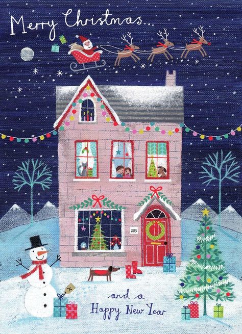 Happy Christmas Card, Christmas Houses, Santa And His Reindeer, Advocate Art, Christmas Drawing, Christmas Scene, Noel Christmas, Christmas Illustration, Christmas House