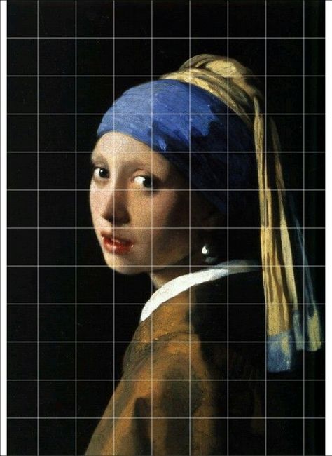 Gridded Drawing Reference, The Girl With The Pearl Earring, Reference Photos With Grid, Girl With Pearl Earring Art, Famous Art Coloring, Girl With The Pearl Earring, Drawing Grid, Girl With Pearl Earring, Grid Drawing