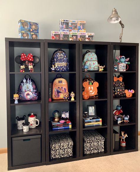 Disney Plush Display, Disney Display Ideas Shelves, Disney Basement, Disney Figurines Display, Disney Bag Display, Disney Shelf Decor, Disney Backpack Display, Loungefly Storage, Loungefly Bag Display Ideas