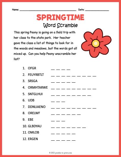 Unscramble the words and help Peony and her classmates find all of the things on their list in this printable springtime word scramble. Word Unscramble, Word Puzzles For Kids, Unscramble Words, Scramble Words, Spring Peony, Spring Words, English Conversation, Spring Printables, Senior Activities