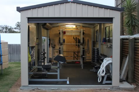 17 Insanely Unique uses for Outdoor Storage Sheds in 2018 [with 101 examples] Gym Creative, Gym Shed, Backyard Gym, Dream Home Gym, Gym Garage, House Gym, Morton Building, Home Gym Garage, Front Facade