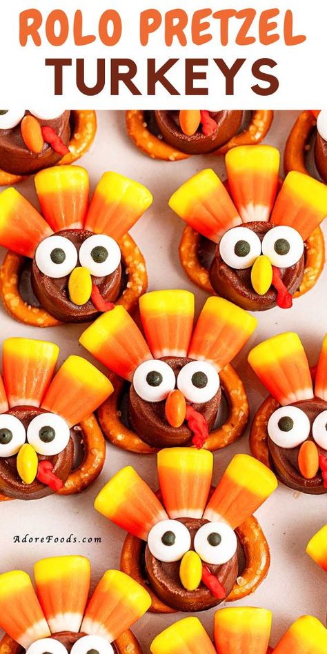 These rolo pretzel turkeys are an easy no-bake dessert that will bring some festive fun to your Thanksgiving celebrations. With just a few simple ingredients, like pretzels and candy corn, you can create adorable edible turkeys that make the perfect holiday treat. Whether you’re short on time or looking for a fun activity to enjoy with kids, these pretzel turkeys are a must-try! Thanksgiving Party For Kids School, Thanksgiving Deserts Easy And Cheap, Turkey Pretzel Treats, Pretzel Turkeys, Thanksgiving Treats For Kids, November Decor, Rolo Pretzel, Rolo Pretzels, Thanksgiving Desserts Kids