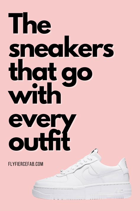 Looking for some women's sneakers that will go with everything? You need a low white platform sneaker (the Nike Air Force 1 Pixel's are my favorite). The right pair of white sneakers will match with everything in your closet. Check out my blog post for my tips on picking the perfect pair! Air Force With Dress, Nike Air Force Platform, Nike Air Force 1 Outfit Woman Dress, Air Force 1 With Dress, Platform Nike Outfit, White Nike Air Force 1 Outfit Women, Nike Platform Sneakers Outfit, Nike Air Force Outfit Woman, Air Force 1 White Outfit