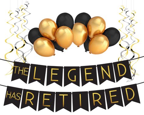 PRICES MAY VARY. Retirements are a long awaited milestone and what better way to celebrate than with a fabulous retirement party. Our Legend Has Retired set is perfect for such an event. PACK: Pack includes 1 Banner, 6 Black & 6 Gold 12" latex balloons, and 8 silver and gold shiny swirls. QUALITY: The beautiful, high quality gold printed letters will catch the attention of your loved ones when they shimmer in the light. Our retirement sign is meant to be reused. SIZE: The letters are printed on Retirement Balloons, Retirement Sash, Happy Retirement Decorations, Farewell Party Decorations, Retirement Party Banner, Happy Retirement Banner, Retirement Party Sign, Retirement Banner, Retirement Party Themes