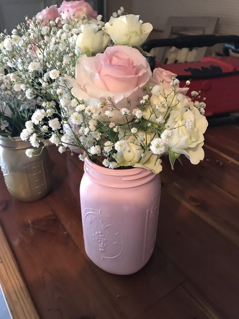 Cute Pink Centerpieces, Pink Table Decorations Centerpieces, Simple Pink Centerpieces Birthday, Baby In Bloom Centerpieces Diy, Pink Flower Centerpieces Birthday, Mason Jar Baby Shower Centerpieces, Coquette Centerpieces, 18th Birthday Centerpieces, Pink Party Centerpieces