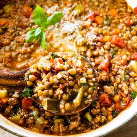 Italian Lentil Soup Recipe, Sausage Lentil Soup, Sausage Lentil, Lamb Shoulder Chops, Baked Potato With Cheese, Spicy Lentil Soup, Lentil Sausage Soup, Sausage Potato Soup, 15 Bean Soup