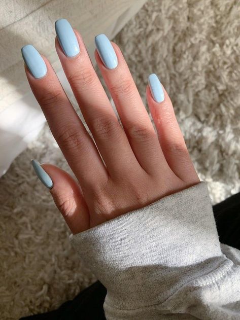 Dusty Blue Nails Acrylic Almond, Light Blue Acrilyc Nails, Frost Blue Nails, Basic Nails Blue, Nails Acrylic Baby Blue, Blue Shade Nails, Blue Squoval Nails, Nail Ideas Baby Blue, Baby Blue Acrylic Nails Almond