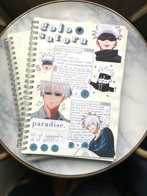 bullet journal, bullet journal layout, bullet journal idea, anime, jujutsu kaisen, weeb Anime Diary Ideas, Anime Junk Journal, Visual Art Portfolio, Anime Journaling Ideas, One Piece Journal Ideas, Diary Doodles Ideas, Gojo Satoru Journal, Anime Journal Cover, Scrapbook Cover Page Ideas