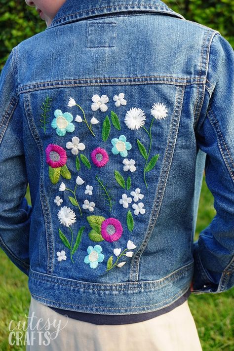 DIY Denim Jacket with Embroidery - Cutesy Crafts Embroidery On Jean Jackets Diy, Denim Jacket Applique, Denim Jacket Embroidery Ideas Diy, Embroider Jean Jacket Diy, Denim Jacket Applique Diy, Jean Jacket Embroidered, Applique Denim Jacket, Embroider Denim Jacket, Jean Jacket With Patches Diy