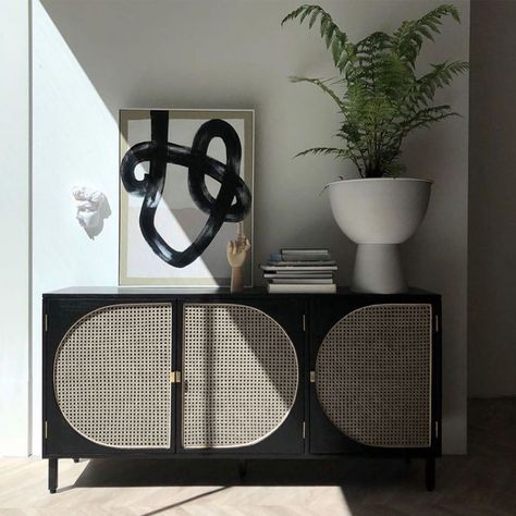 Rattan Doors, Rattan Sideboard, Interior Design Minimalist, Black Rattan, Black Sideboard, Rustic Materials, Wood Sideboard, Door Storage, Sideboard Buffet