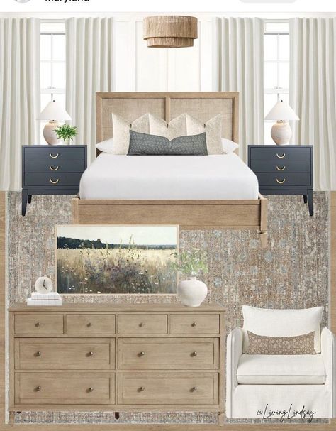 Neutral Coastal Master Bed, Guest Bedroom Ideas Lake House, Green And Blue Coastal Bedroom, Primary Bedroom Ideas Coastal, Lakehouse Primary Bedroom, Misty Sherwin Williams Bedroom, Lakehouse Mood Board, Navy And White Coastal Bedroom, Lake House Mood Board