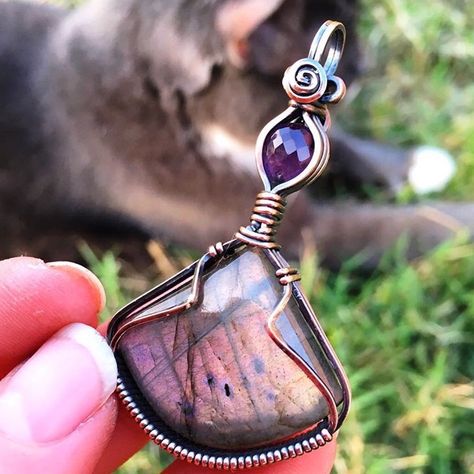 Golden pink labradorite and amethyst pendant wire wrapped in oxidized copper Triangle Wire Wrap Pendant, Wire Wrap Triangle Stone, Wire Wrapped Triangle Stone, Square Wire Wrapped Pendant, Wired Jewellery, Pink Labradorite, Copper Wire Art, Wire Wrapped Stone Jewelry, Wire Wrapped Gemstones Pendant