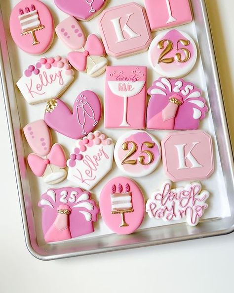 Pink Decorated Cookies, Pink Cookies Decorated, 25th Birthday Cookies, Birthday Cookies Decorated, Bday Cookies, Houston Eats, Cookie Baskets, Decorate Cookies, Cookie Platter