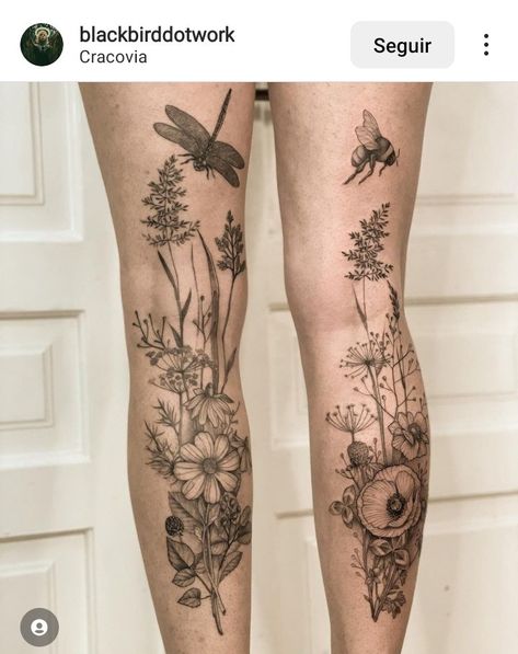 Calf Tattoos For Women, Upper Leg Tattoos, Back Of Leg Tattoos, Whimsical Tattoos, Nature Tattoo Sleeve, Fern Tattoo, Mushroom Tattoos, Floral Tattoo Sleeve, Leg Tattoos Women