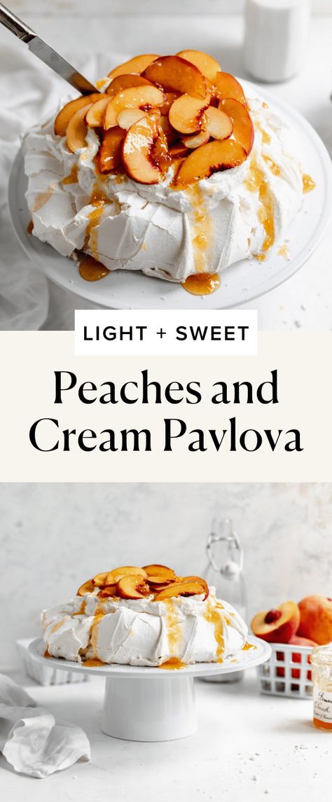 Dessert Peaches, Pavlova Dessert, Cream Cheese Sugar Cookies, Peach Dessert, Broma Bakery, Pavlova Recipe, Juicy Peach, Summer Baking, Peach Desserts