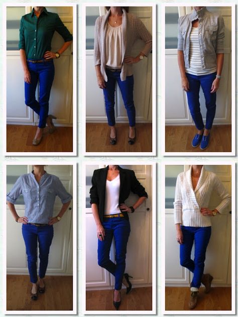 I never know what to wear with my blue pants! Blue Pants Outfit Work, Royal Blue Pants Outfit, Cobalt Pants, Cobalt Blue Pants, Bright Blue Pants, Blue Pants Outfit, Royal Blue Pants, Blue Dress Pants, Colored Pants