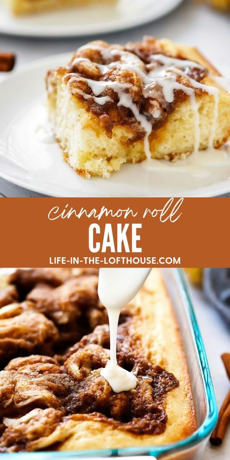 Cinnamon Roll Cake is a moist and buttery cinnamon cake with a creamy vanilla glaze drizzled over the top. Life-in-the-Lofthouse.com Cinnamon Cake Recipes, Life In The Lofthouse, Cake Cinnamon, Gooey Cake, Apple Bundt Cake, Sour Cream Coffee Cake, Dessert Recipies, Cinnamon Cake, Cinnamon Roll Cake