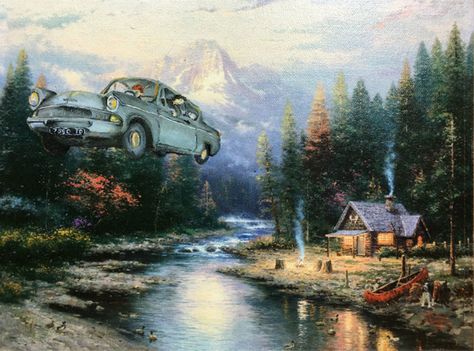 Dave Pollot is a painter in the US who brings new life to old and forgotten thrift store paintings by adding pop culture characters. He uses these old paintings to combine his interest in painting with his love for pop culture. Thrift Store Art, Harry Potter Print, Funny Art Prints, Art Parody, Old Paintings, Cultura Pop, Funny Art, Car Art, Art Videos