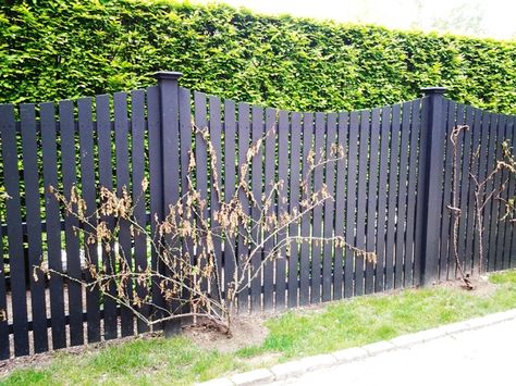 Black Scalloped Wood Picket Fence. This is exactly what I want Wood Picket Fence, Gate Decoration, Deer Fence, Black Fence, Living Fence, Pallet Fence, Types Of Fences, Fence Styles, Front Yard Fence