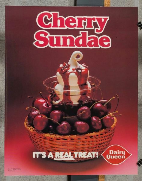 Dairy Queen Vintage, Dairy Queen Aesthetic, Cherry Sundae, 2000s Food, Print Advertising Design, 70s Food, Aesthetic Foods, Diner Decor, Retro Food