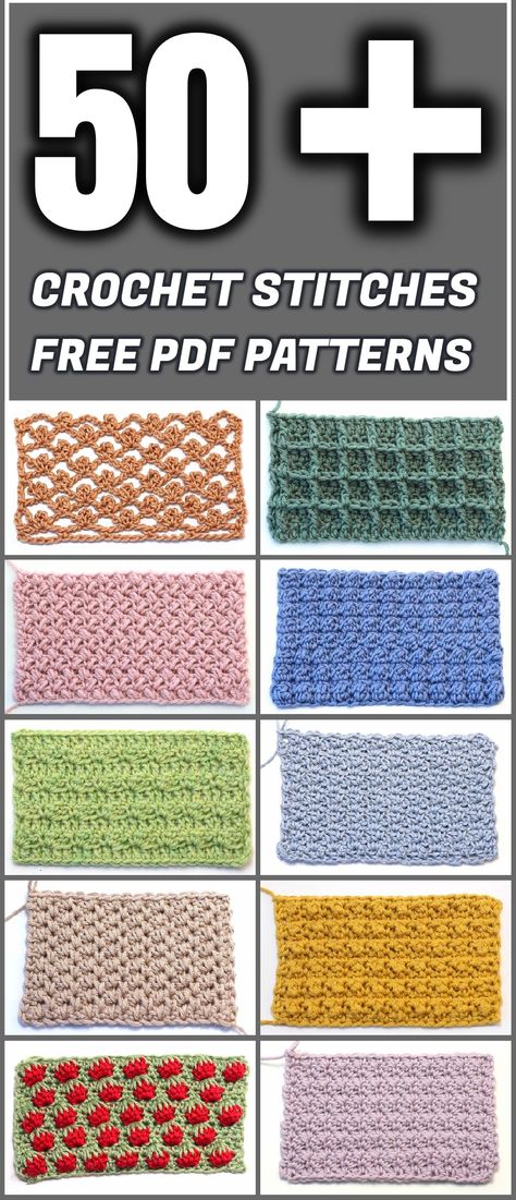 Learn to make 50 and more beautiful crochet stitches. Feel free to download any of these patterns in PDF format and enjoy your crocheting... Stitches Pattern, Crochet Stitches Guide, Crochet Stitches Diagram, Crochet Stitches For Blankets, Crochet Stitches Free, Easy Crochet Stitches, Free Pdf Pattern, Crochet Stitches For Beginners, Stitch Crochet