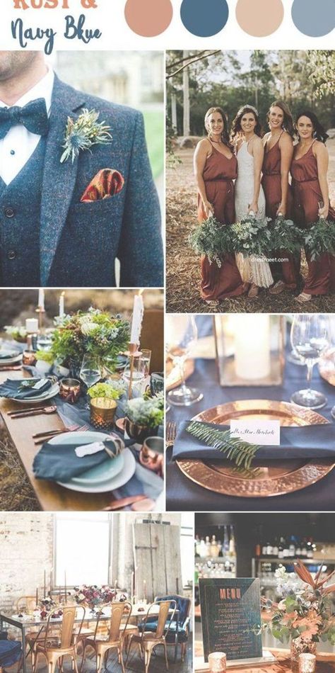 Rust gold and navy blue fall wedding color inspiration Boho Wedding With Navy Blue, Blue And Silver Fall Wedding, Navy Wedding Colors Fall Colour Palettes, Steel Blue And Rust Wedding, Navy Cinnamon Wedding, Brown Orange And Blue Wedding, Navy Blue And Rust Bridesmaid Dresses, Navy Blue And Earth Tone Wedding, Navy Blue Grey And Burnt Orange Wedding