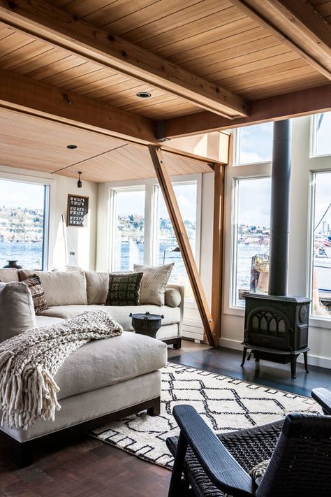 Boathouse Interior Design, Houseboat Living Interiors, River Cabin Decor, Boathouse Interior, Small Lake Cabins, Houseboat Decor, Houseboat Design, Seattle Interior Design, Boat House Interior