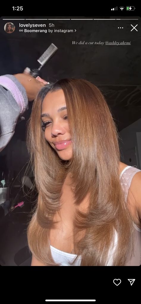 Straightened Prom Hair, Honey Blonde Dyed Natural Hair, Royal Blue Long Dress Formal, Hair Dye Ideas Honey Blonde, Natrual Hair Colors, Honey Blonde Light Skin, Honey Brown Sew In Weave, Carmel Hair Color On Black Women, Hair Color Ideas For Caramel Skin Tone