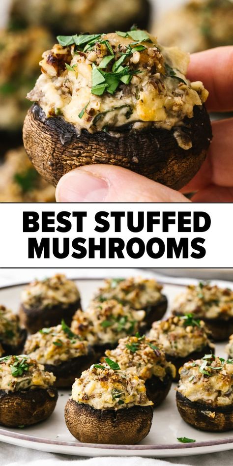 Stuffed mushrooms with cream cheese recipe Downshiftology Stuffed Mushrooms, Mushroom Stuffed Mushrooms, Mushroom Bites Appetizers, Stuffed Mushrooms Thanksgiving, Stuffed Mushroom Caps Appetizers, Mini Stuffed Mushrooms, Baked Stuffed Mushrooms Oven, Stuffed Mushroom Ideas, Mushroom Appetizers Easy