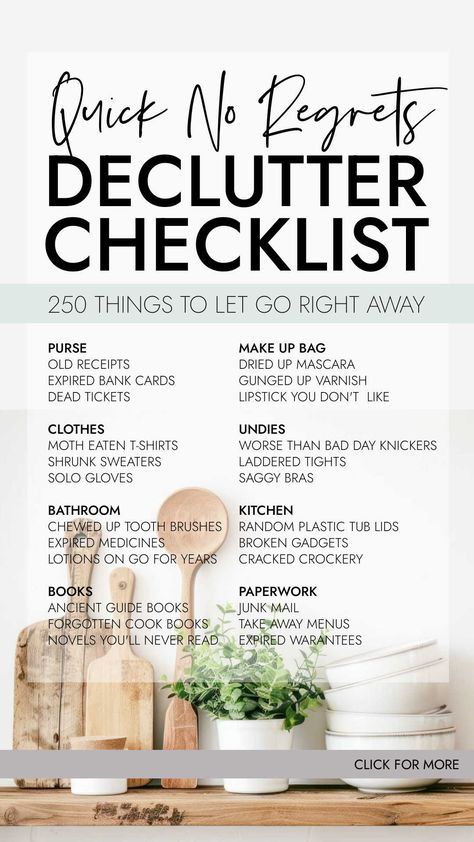 Declutter checklist of 250 things you can let go right away without regrets and without making a mess so you can start to enjoy a clutter free home and get organised. Home Organization Checklist, Quick Declutter, Declutter Minimalist, Clutter Hacks, Declutter List, Decluttering List, Organize Clutter, Decluttering Checklist, Start Decluttering