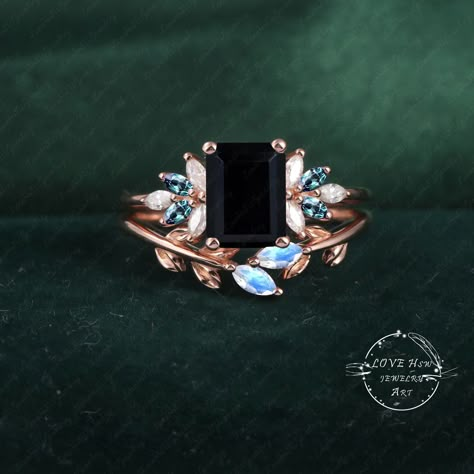 Vintage Emerald Cut Black onyx engagement ring sets women Rose Gold Unique Cluster ring marqiuse moonstone wedding ring Bridal anniversary (Please comfirm your US size when you make an order) Jewelry details: Matal Type: 14k gold /18k gold Engagement Ring: Center Stone: Black onyx Stone Size: 6*8mm,2.0ct Side stones: Diamond and lab alexandrite Total weight: 0.30ctw (High Quality) Color: G-H Clarity: SI-VS Or Side Stone:Moissanite Wedding band Stone: Moonstone Carat Weight: approx. 0.12ctw Purch Engagement Rings With Black Diamond Accents, Black Sapphire Engagement Ring, Black Stone Ring Engagement, Moonstone Wedding Ring, Engagement Ring Sets, 18k Gold Engagement Ring, Black Diamond Wedding Rings, Black Onyx Engagement Ring, Onyx Engagement Ring