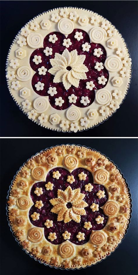 Pie-Crust-Design-Before-After-Part-2-Karin-Pfeiff-Boschek Pretty Pie Crust, Fancy Pie Crust, Pie Crust Art, Beautiful Pie Crusts, Decorative Pie Crust, Pie Crust Designs, Pie Decoration, Pies Art, Lake Food Ideas Summer