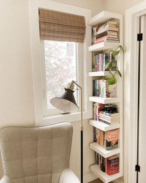 Tiny Library Ideas, Lack Wall Shelf Unit Ideas, Window Book Shelf, Book Shelf Ikea, Ikea Lack Shelf Ideas, Book Storage Ideas For Small Spaces, Room Interior Design Bedroom, Lack Wall Shelf, Ikea Lack Wall Shelf