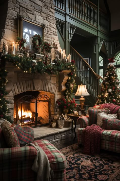 christmas decorations living room Cozy Christmas Cabin Aesthetic, Log Cabin Christmas Fireplace Wallpaper, Cozy Christmas Fireplace, Chrismtas Family Room, Christmas Cake Decorating Ideas, Christmas Cake Decorating, Decorations Living Room, Farmhouse Chiratmas Family Room, Old House Design