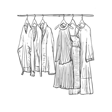 Closet Sketch Drawing, Wardrobe Sketch Drawing, Clothing Rack Drawing, Clothing Store Drawing, White Clothes Drawing, Hanging Clothes Illustration, Pile Of Clothes Drawing, Clothes Hanging Ideas, Closet Illustration