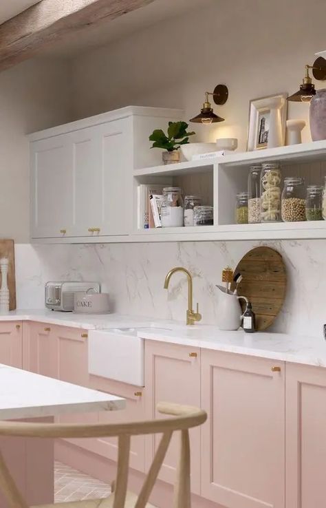 Pink Galley Kitchen, Pink White Kitchen Ideas, Rose Pink Kitchen, Kitchen With Pink Cabinets, White Kitchen With Pink Backsplash, Pink Kitchen Units, White And Pink Kitchen Ideas, Pink And White Kitchen Decor, Dual Colour Kitchen Cabinets